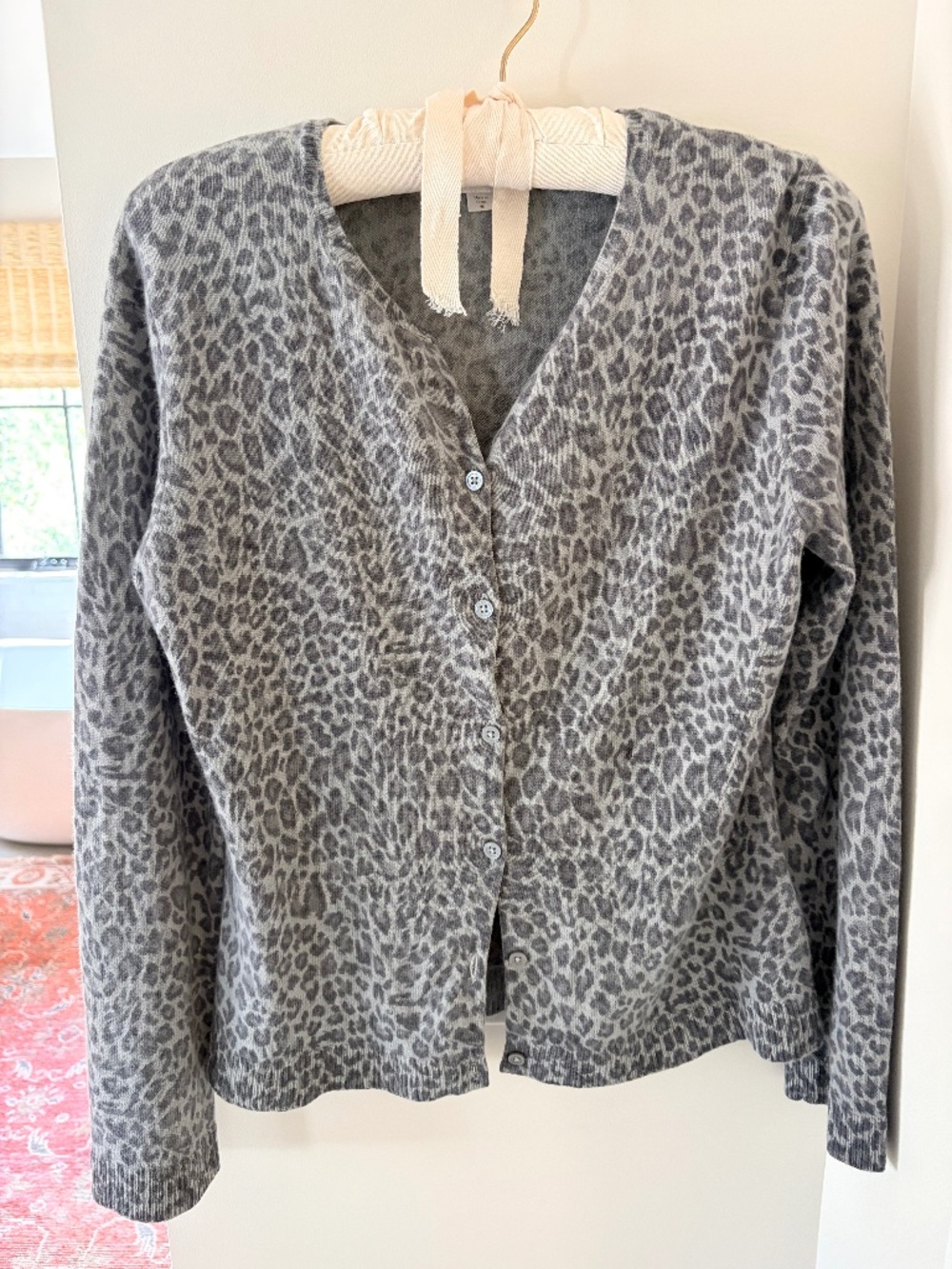 Garnet Hill cashmere grey leopard cardigan